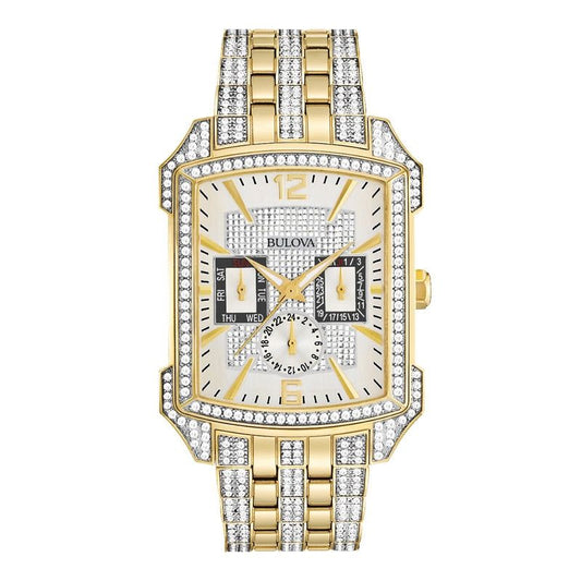 Bulova Men's Bulova Crystal Accent Gold-Tone with Rectangular White Dial Watch 98C109