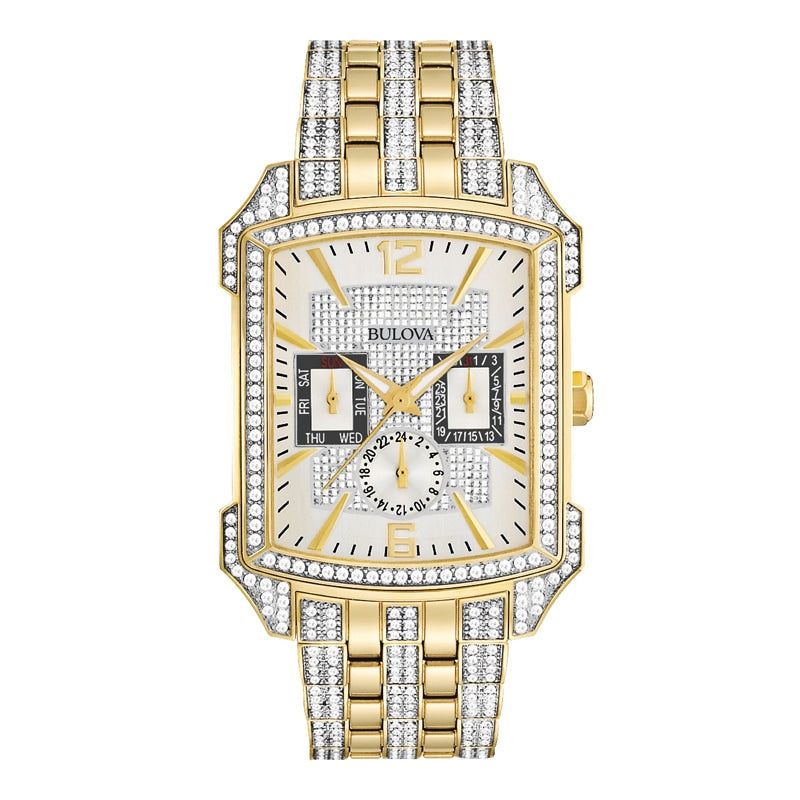 Bulova Men's Bulova Crystal Accent Gold-Tone with Rectangular White Dial  Watch 98C109
